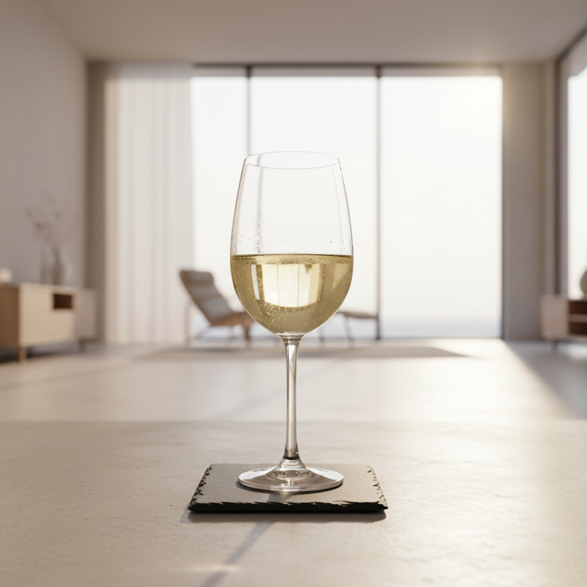 A wine glass filled with white wine, standing on a dark coaster on a light stone table in a bright, modern minimalist room.