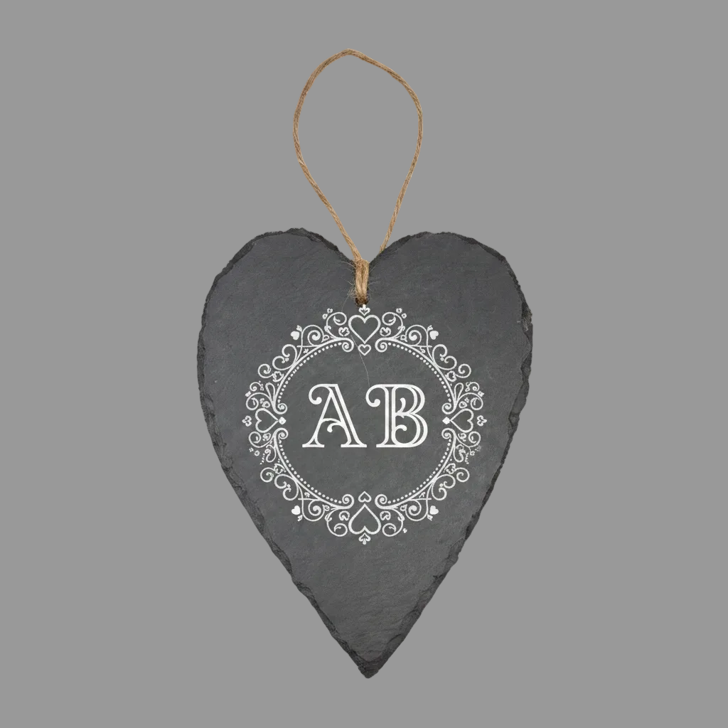A dark gray slate heart-shaped wall hanging with a natural jute loop at the top.