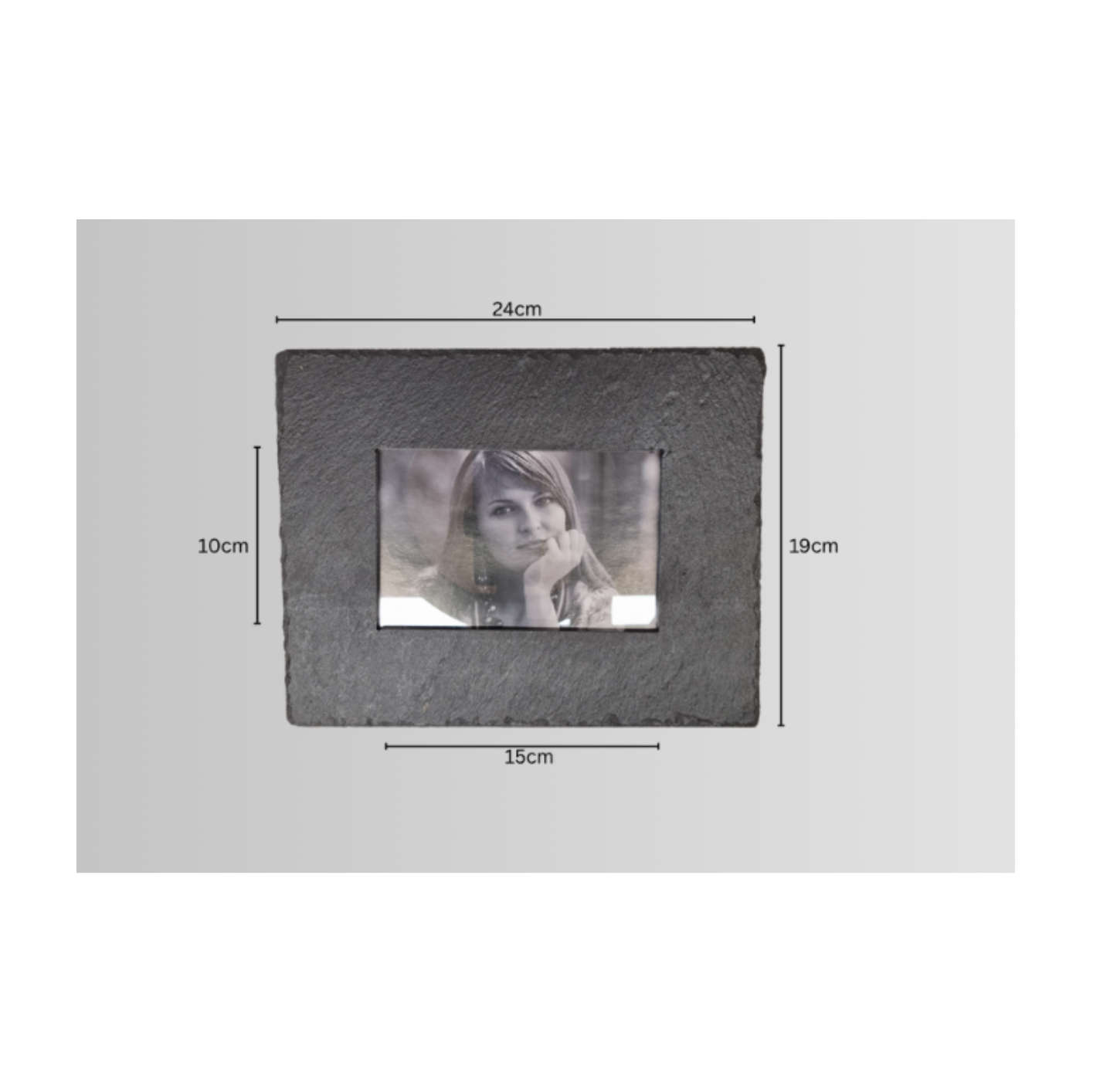 A rectangular dark gray textured picture frame with dimensions indicating 24cm width, 19cm height.