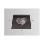 A square black slate photo frame with a heart-shaped cutout in the center, showning  dimension lines indicating 24cm width and 19cm height.