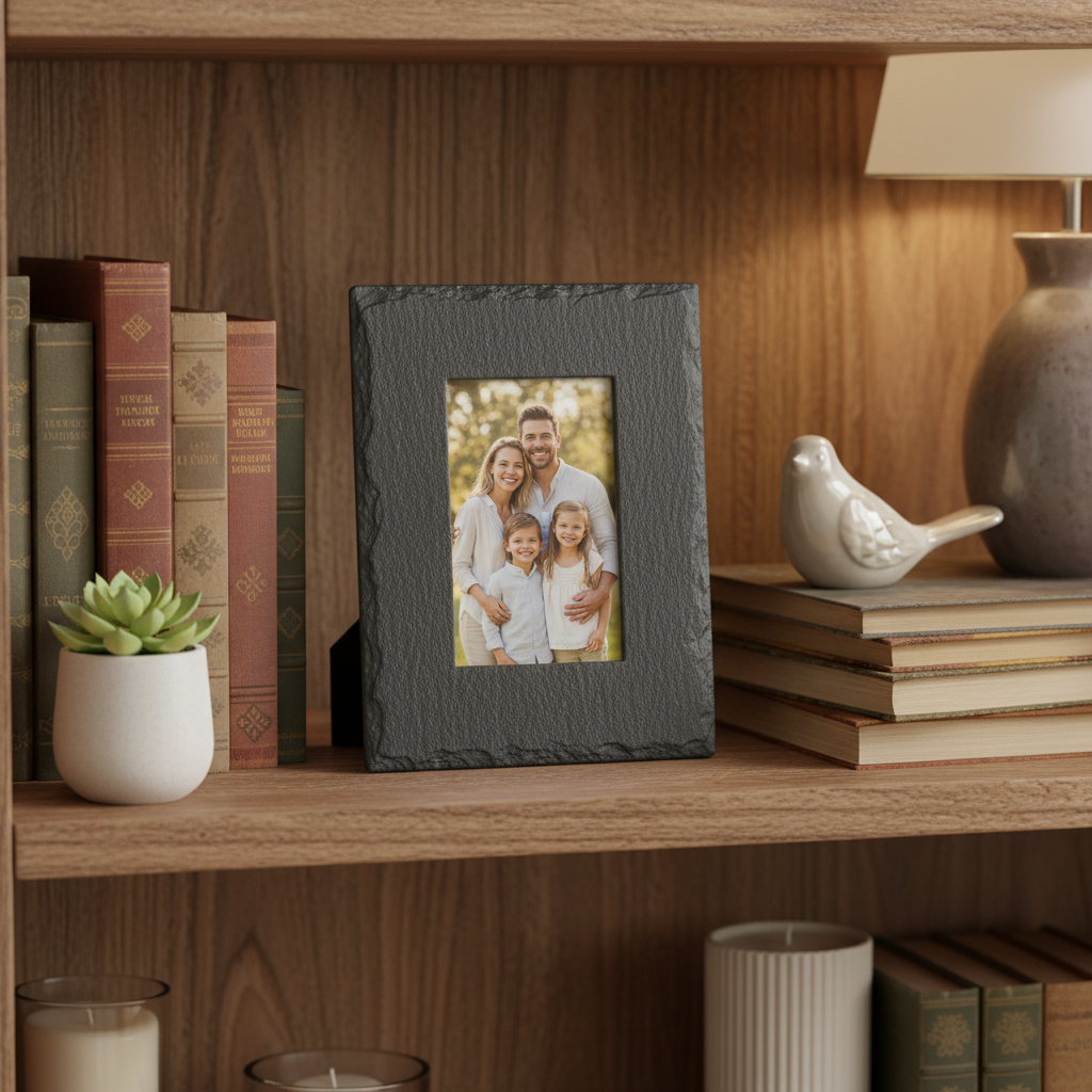 A rectangular slate picture frame with a rectangle-shaped cutout in the center. 