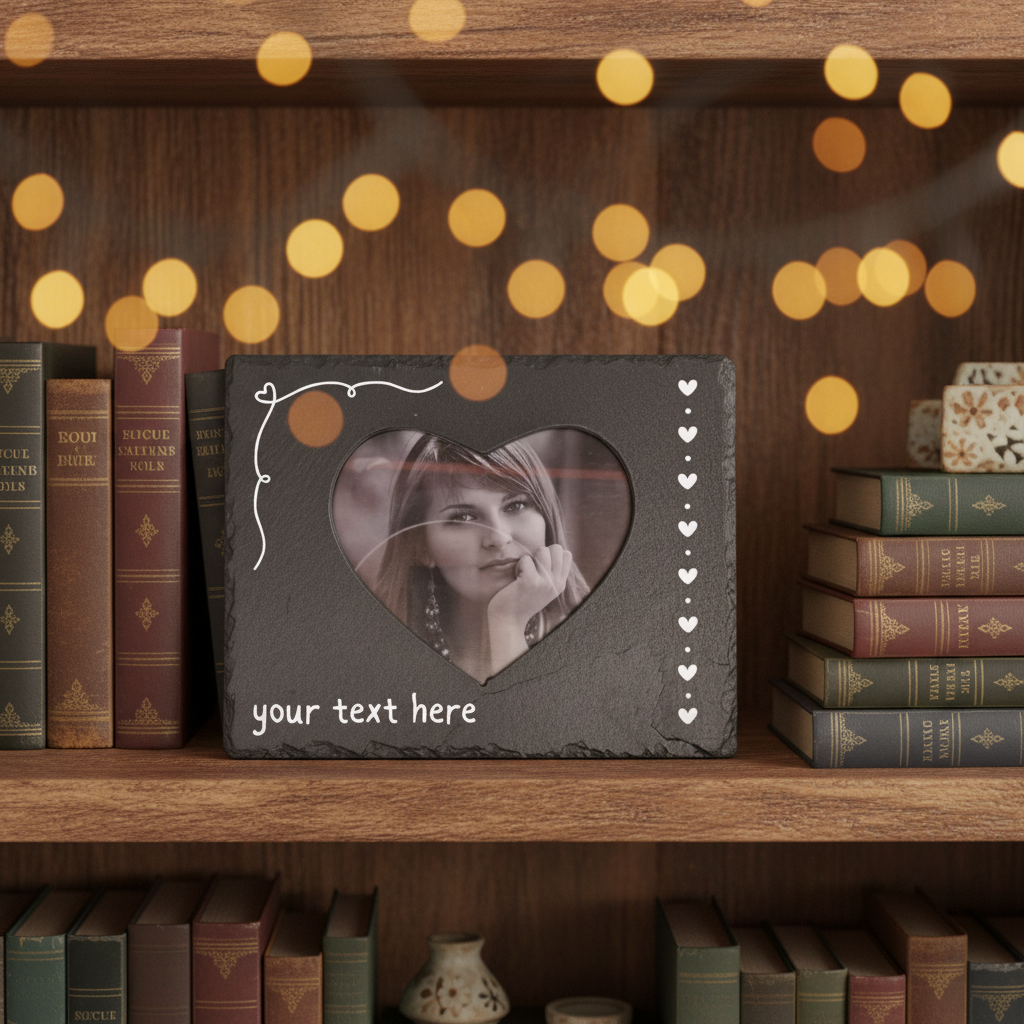 A rectangular slate picture frame with a heart-shaped cutout in the center. The frame features decorative scroll work on the top left, a vertical row of small hearts on the right side, and the customisable text 'your text here' printed in white at the bottom left.