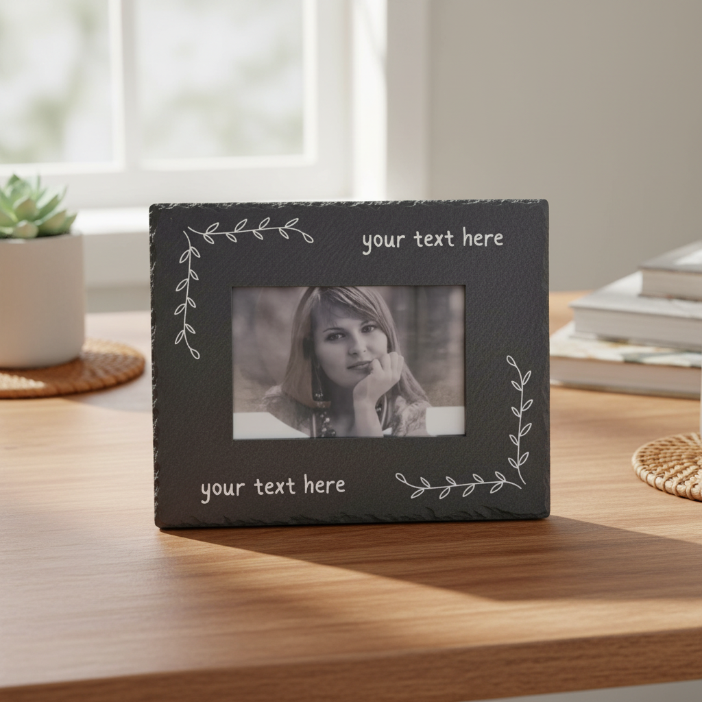 A rectangular slate picture frame featuring white decorative leafy corner flourishes and customisable text placeholders. 