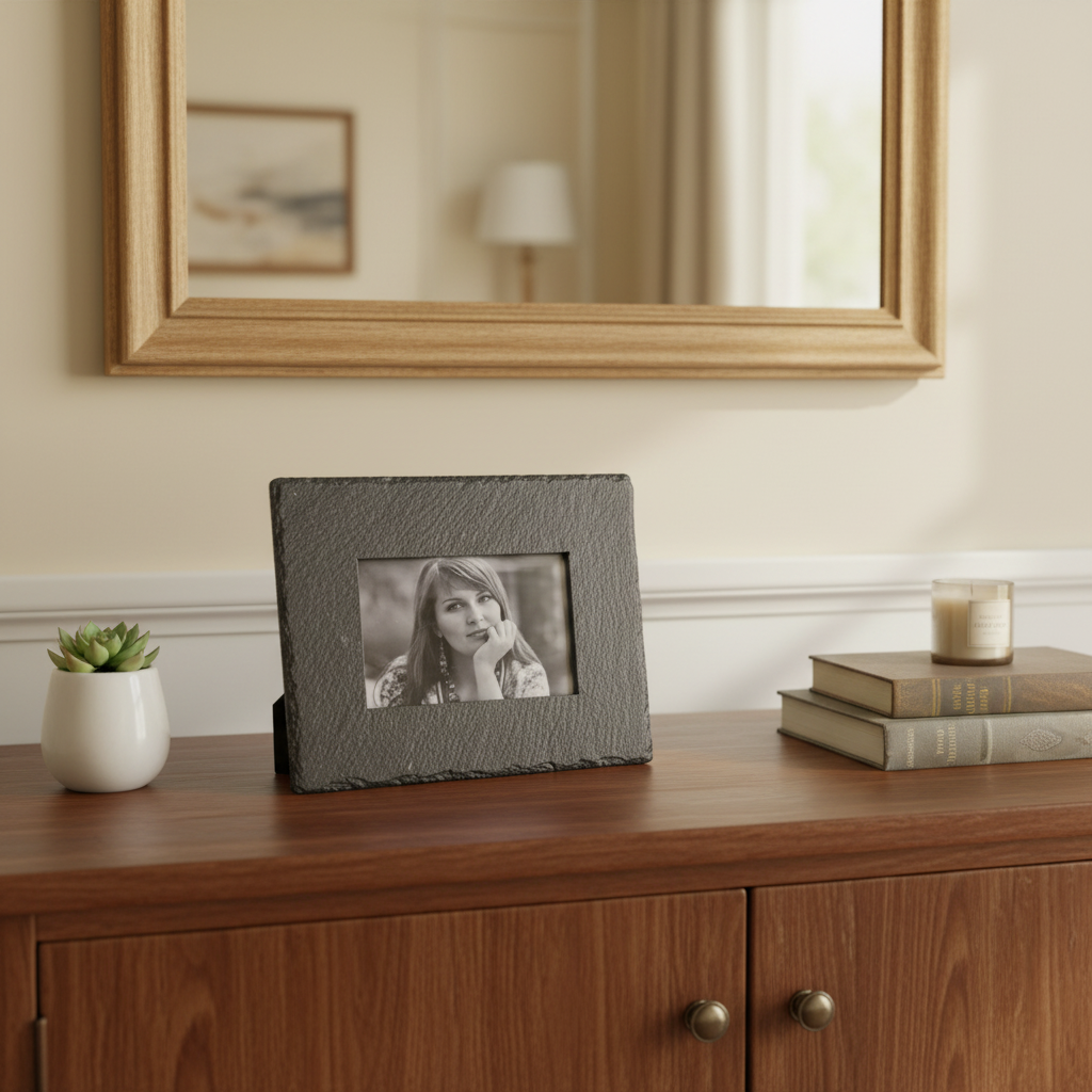 A small rectangular black picture frame with a textured finish.