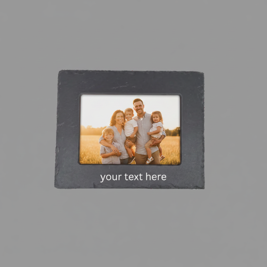A square black picture frame with a sample photo of a family inside and placeholder text 'your text here' at the bottom, shown on a plain background.