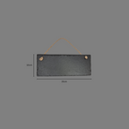 A rectangular black slate wall hanging sign with a natural twine hanging loop, shown with dimension lines indicating 25cm width and 10cm height against a solid gray background.