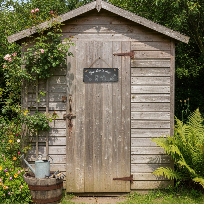 A rectangular black hanging sign with the words 'Grandpa's shed and small drawings of gardening tools and a plant, suspended by a natural twine loop.