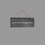 A rectangular black slate hanging plaque with a natural jute rope hanger and placeholder text reading 'your text or images here', shown on a solid gray background.