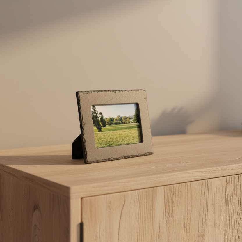 A rectangular picture frame with a textured beige stone-like border and a black stand, displayed on a light wood cabinet against a warm beige wall.