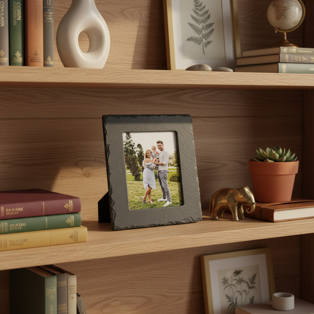 A rectangular black picture frame with a textured finish, holding a color photograph of a couple outdoors.