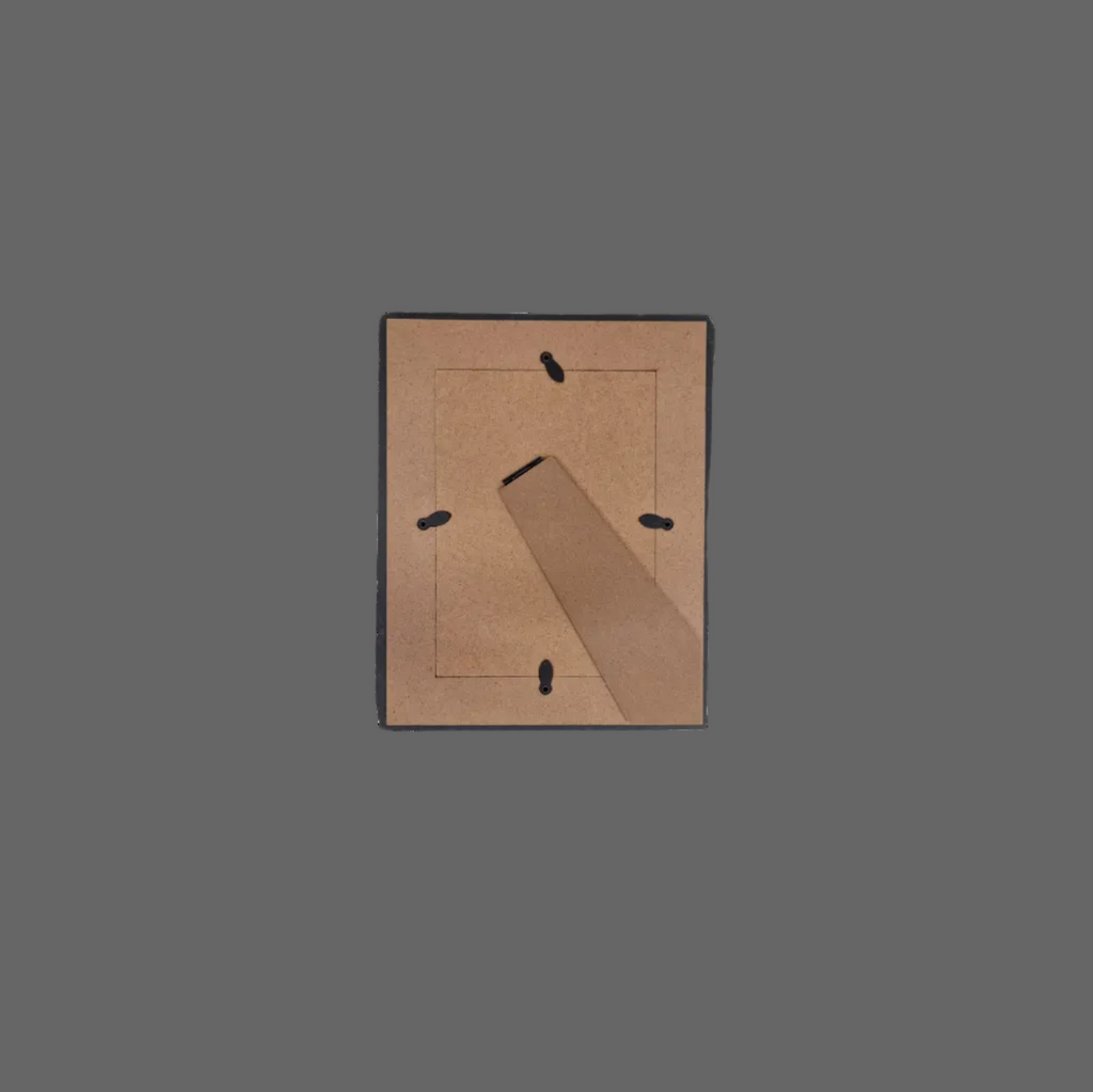 Rear of photo frame showing with a rectangular cutout and small black tabs