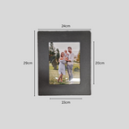 A rectangle black picture frame with a sample photo insert, showing  dimension labels indicating 24cm width, 29cm height.