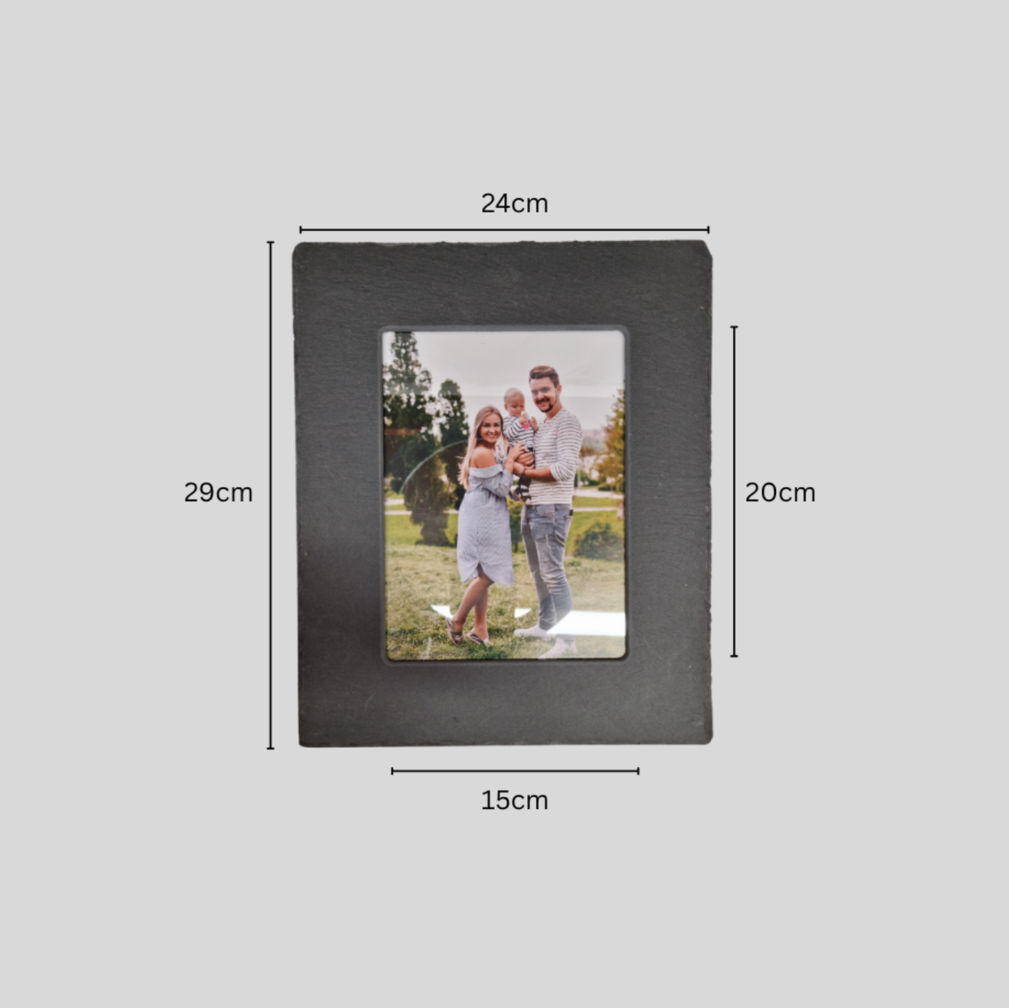 A rectangle black picture frame with a sample photo insert, showing  dimension labels indicating 24cm width, 29cm height.