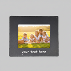 A rectangle black slate photo frame with a custom photo insert of a family and the text 'your text here' printed in at the bottom.