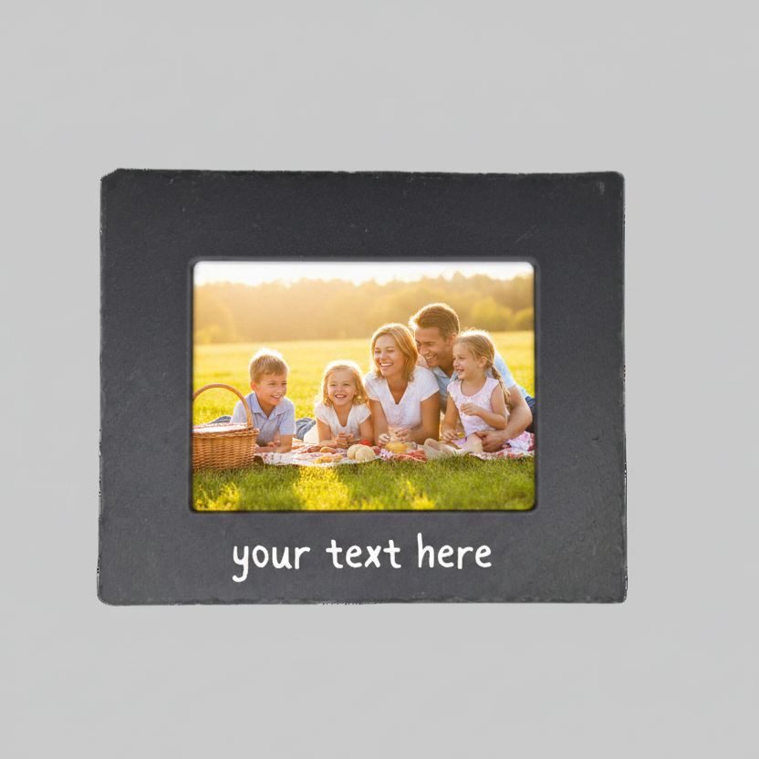 A rectangle black slate photo frame with a custom photo insert of a family and the text 'your text here' printed in at the bottom.