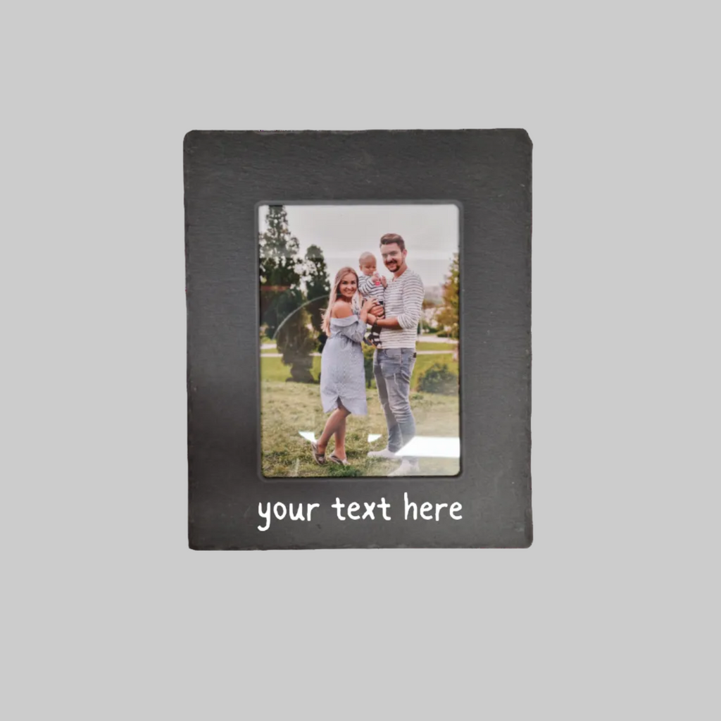 A rectangle black slate photo frame with a custom photo insert of a family and the text 'your text here' printed in at the bottom.