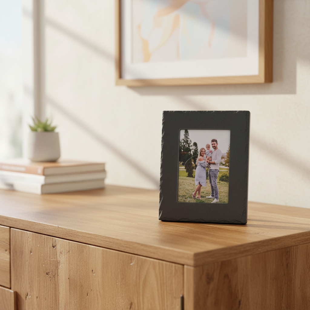 A rectangle black picture frame with an inset photograph of a family outdoors.