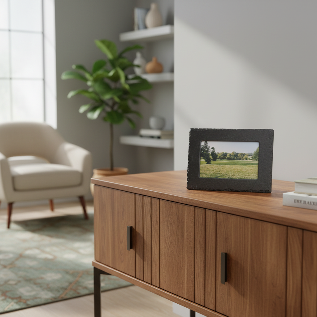 A rectangle black picture frame with a small inset photograph of a  outdoor scene.