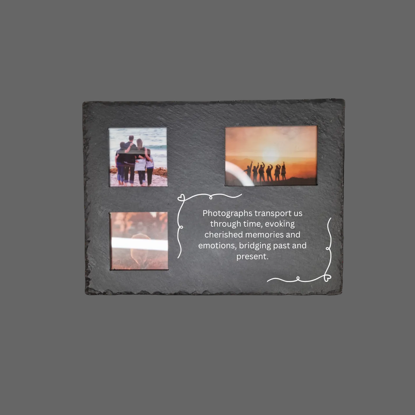 A rectangular black slate photo frame with three cutout photo slots and a persoalised quote in the center, shown on a plain gray background.