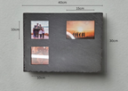 A rectangular dark gray photo plaque or wall-mounted display with three printed photo slots, shown on a light gray background with dimension labels around it.