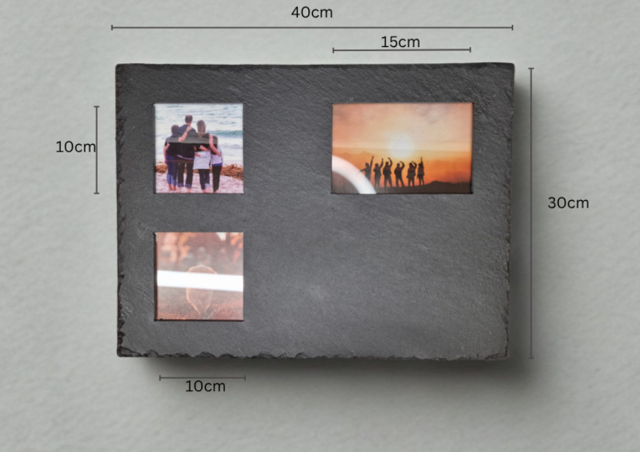 A rectangular dark gray photo plaque or wall-mounted display with three printed photo slots, shown on a light gray background with dimension labels around it.