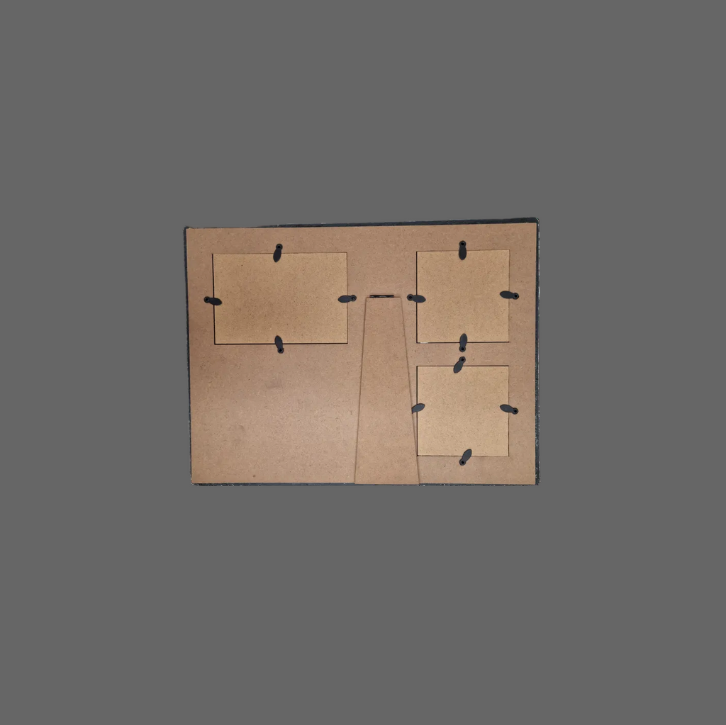 Rear of triple photo framed with three rectangular cutouts and support.