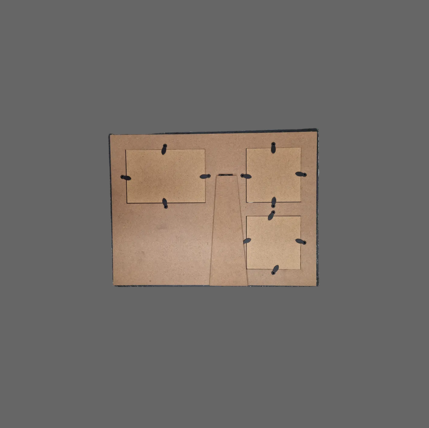 Rear of triple photo framed with three rectangular cutouts and support.