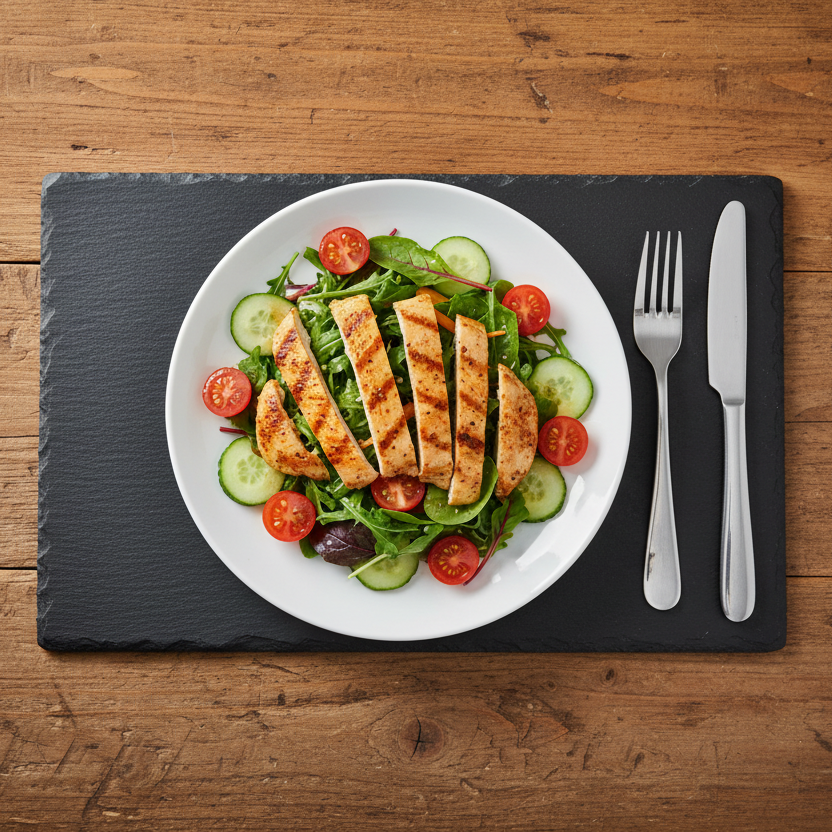A top-down view of a plated salad on a black slate placemat over a wooden table. 