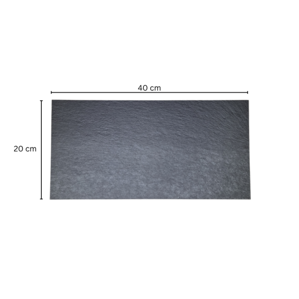 A rectangular dark gray slate tile shown on a white background with dimension lines indicating 40 cm by 20 cm.