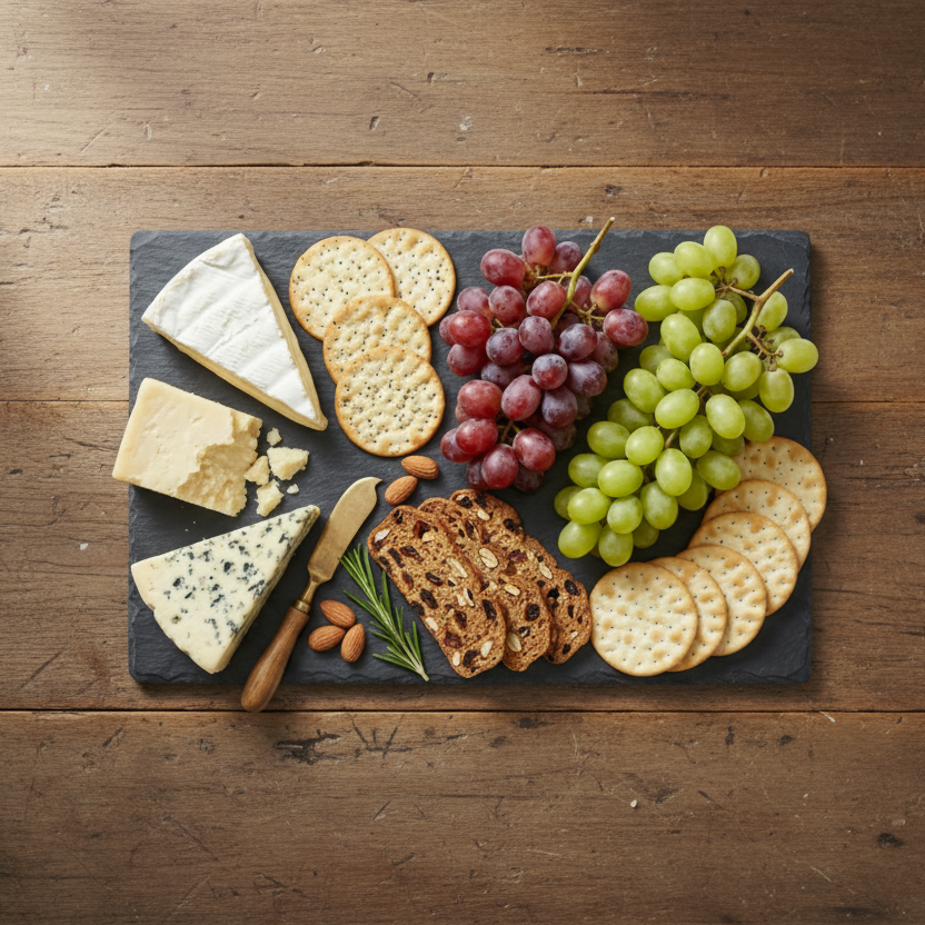 A slate platter styled with cheeses, crackers, green and red grapes, nuts, and a small knife on a dark slate platter, set on a rustic wooden table.