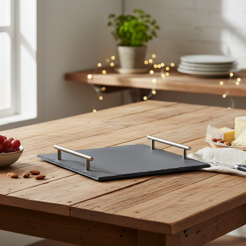 A rectangular black slate serving tray with two silver metal handles rests on a rustic wooden table in a bright kitchen setting. A small bowl of red grapes, almonds, and a wedge of cheese with a napkin are arranged nearby, with warm fairy lights and a shelf in the soft-focus background.