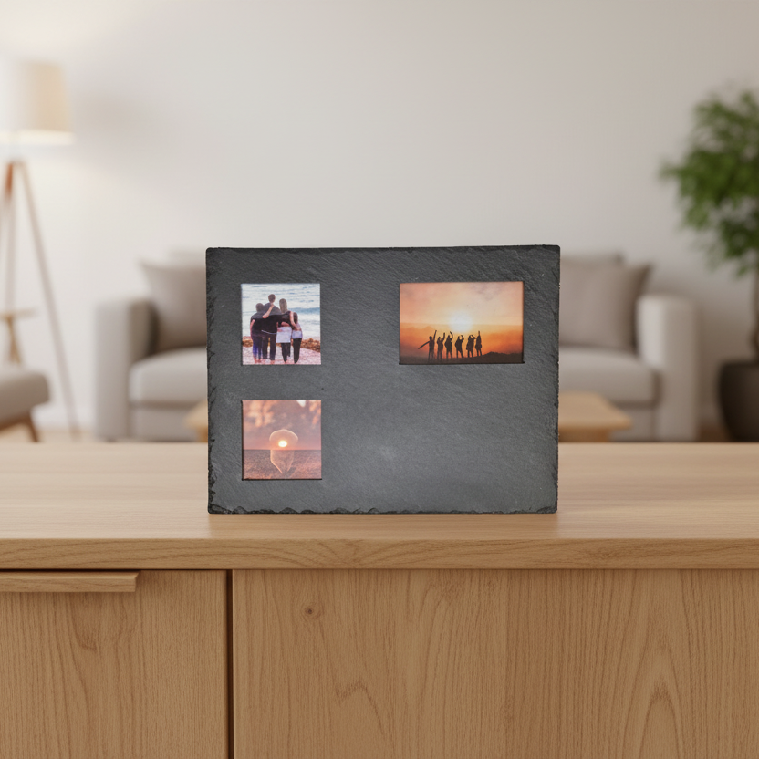 A rectangular black slate photo frame with three cutout slots, displayed on a light wood table in a softly blurred living room setting.