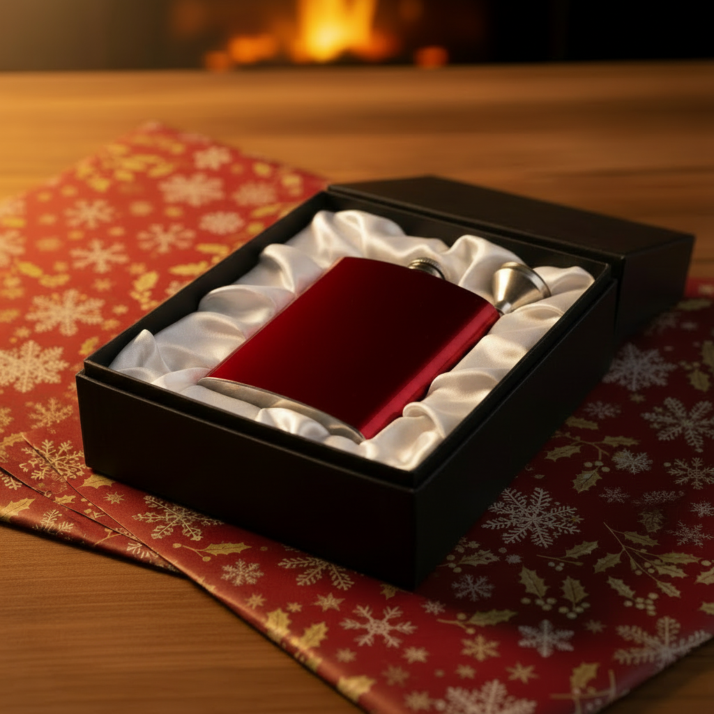 A red metallic flask with a silver screw cap, presented inside an open black gift box lined with silver satin.