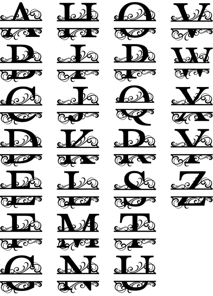 Black decorative alphabet letters A through Z with ornate scroll flourishes, arranged in three columns on a white background.