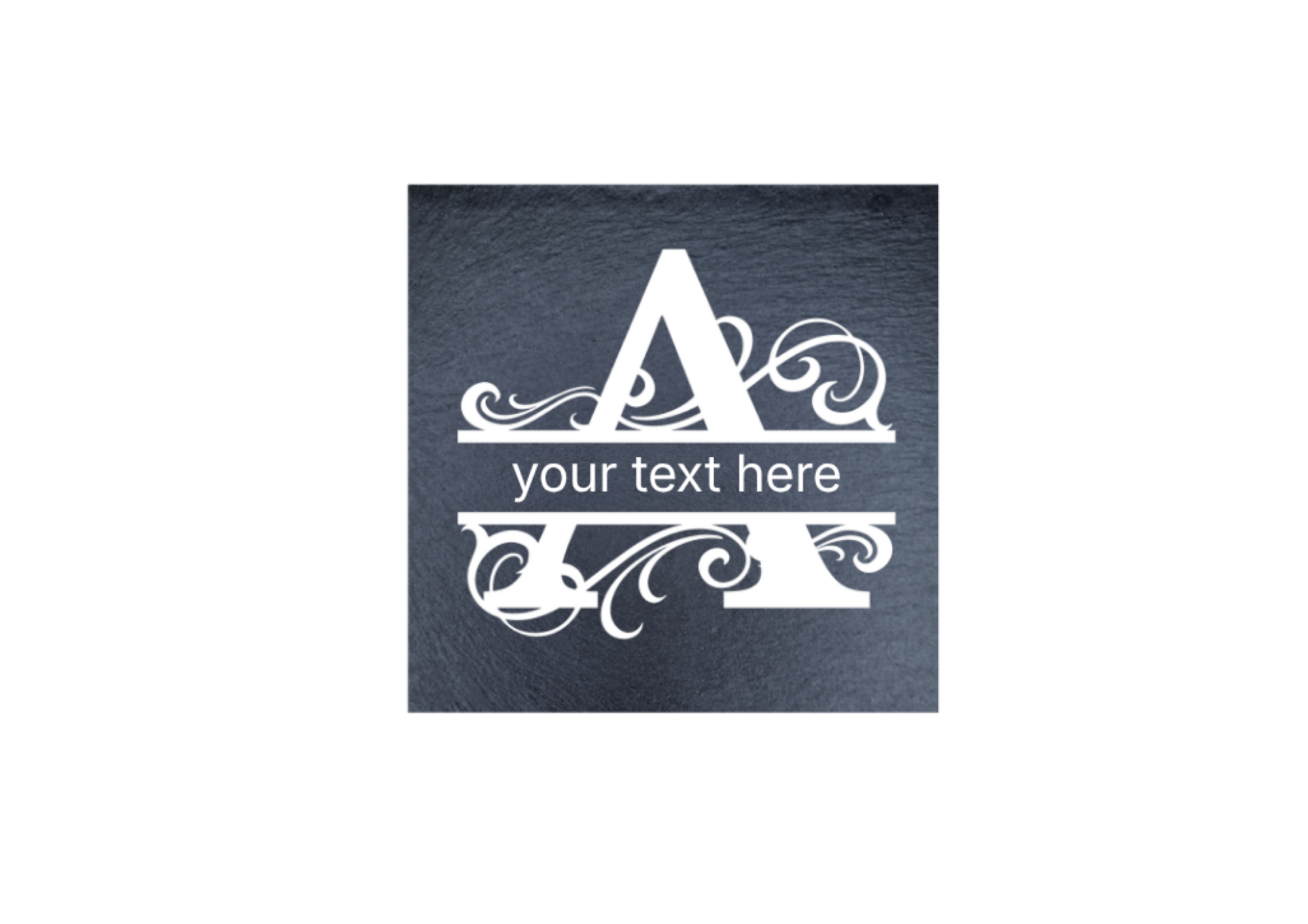 A square dark slate coaster with a decorative scroll around a large letter A and the words 'your text here,'.