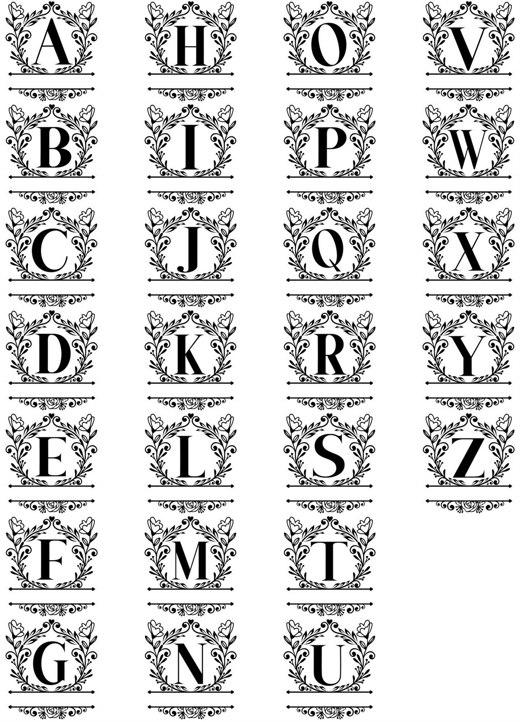 A sheet of black-and-white decorative alphabet letter cards arranged in rows, each letter inside an ornate floral frame. 