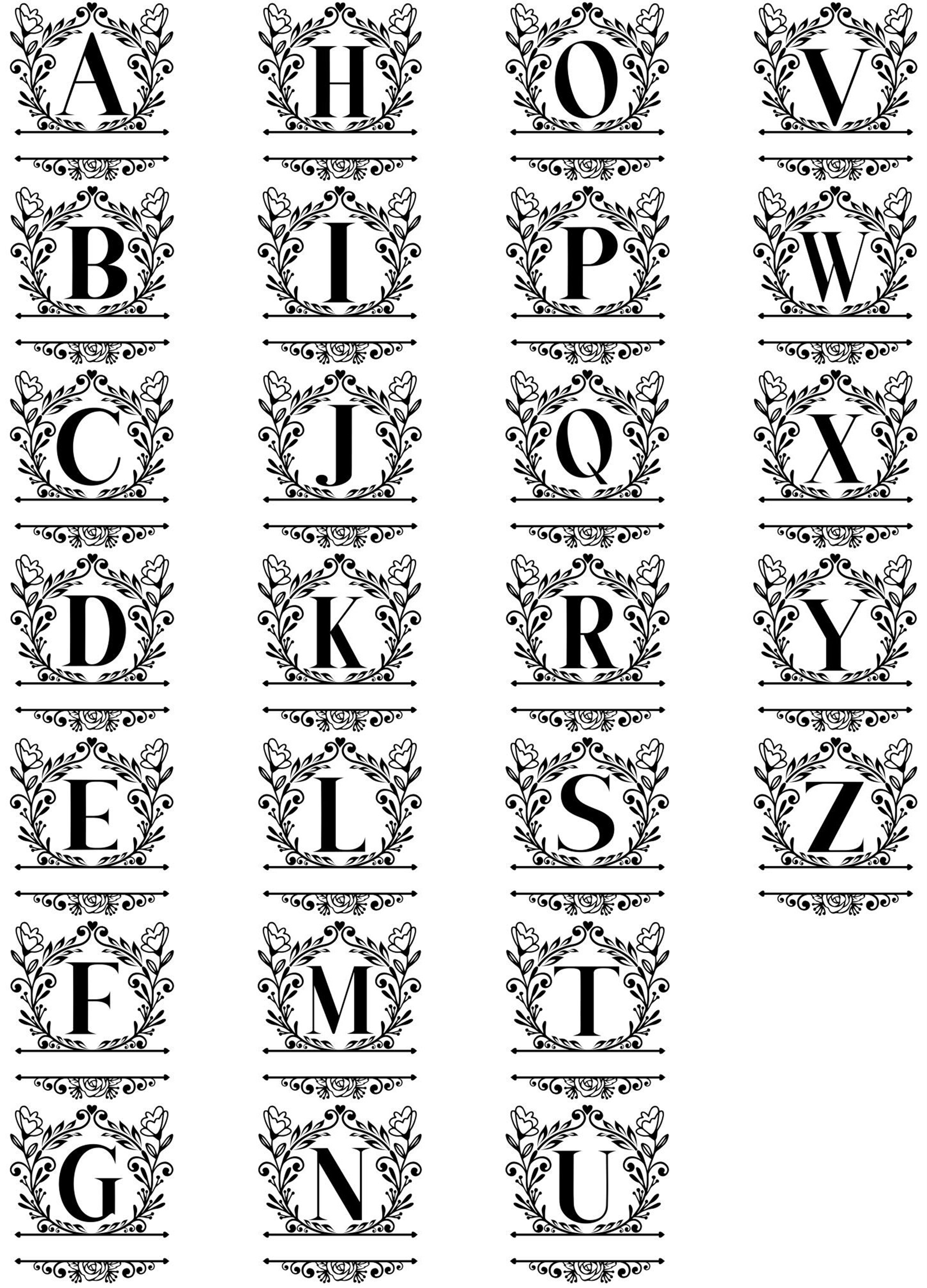 A sheet of black-and-white decorative alphabet letter cards arranged in rows, each letter inside an ornate floral frame. 