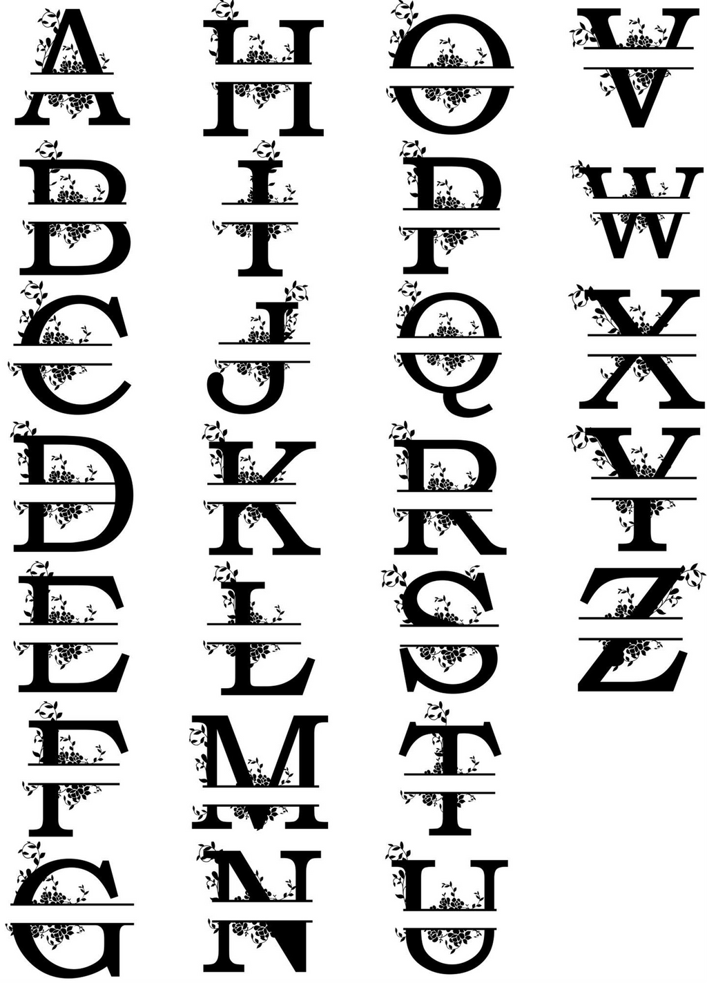 A decorative alphabet chart showing the letters A through Z in a distressed black serif font on a white background, arranged in four vertical columns.