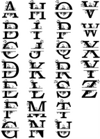 A decorative alphabet chart showing the letters A through Z in a distressed black serif font on a white background, arranged in four vertical columns.