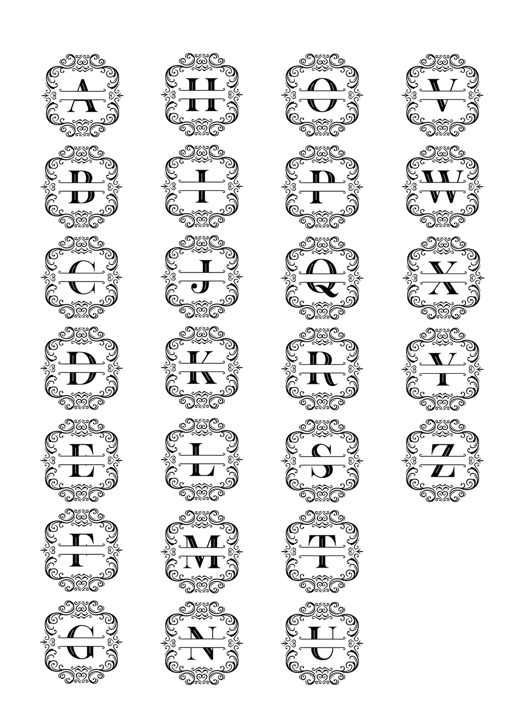A sheet of ornate black-and-white decorative monogram letter tiles arranged in rows on a white background.
