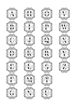 A sheet of ornate black-and-white decorative monogram letter tiles arranged in rows on a white background.