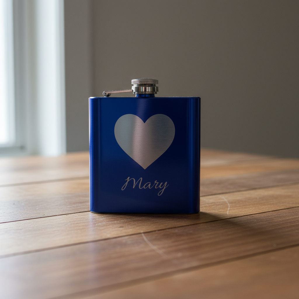A blue flask with a silver heart emblem and the name 'Mary' printed on the front.