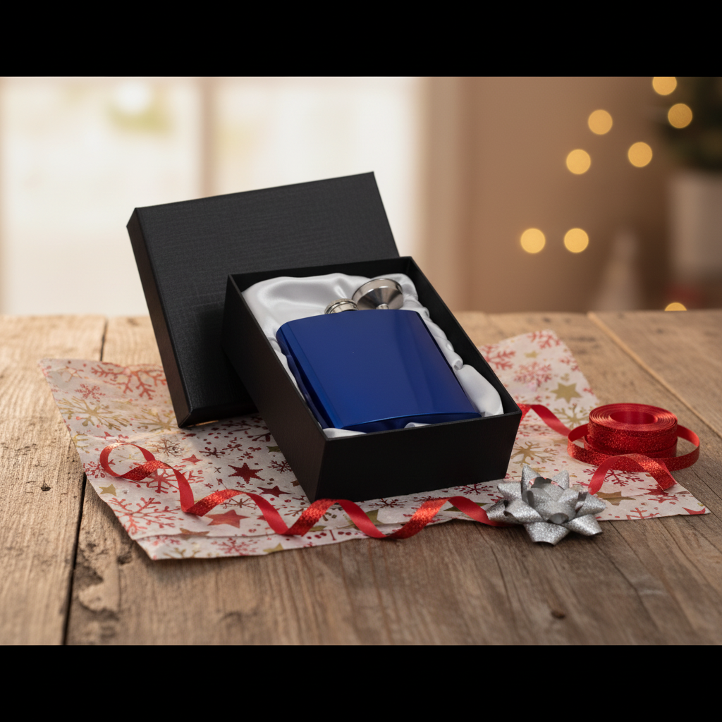 A cobalt blue metal flask with a silver screw cap, presented inside an open black gift box lined with white satin.