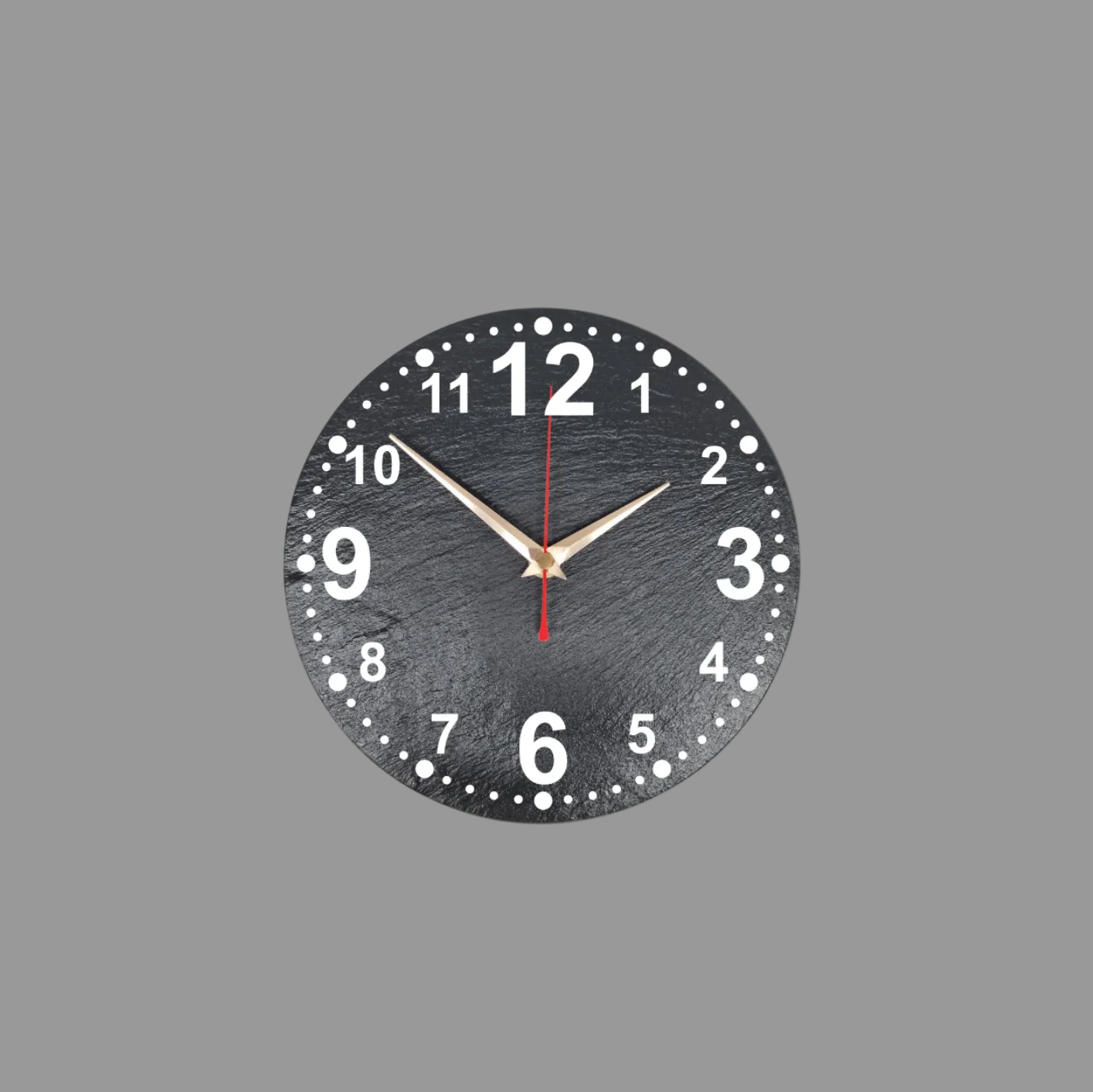 A round black wall clock with numerals, white dot hour markers, gold-tone hands, and a red second hand, shown against a light gray background.