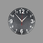 A round black slate wall clock with numerals, silver hands, and a red second hand, shown against a solid gray background.