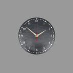 A round black slate wall clock with numerals, white dot hour markers, gold-tone hands, and a red second hand, shown against a light gray background.