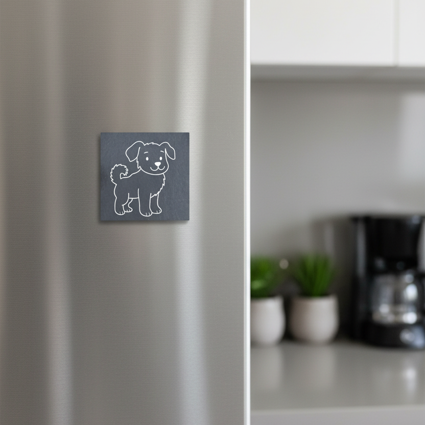A square dark gray slate fridge magnet featuring a simple white line-art illustration of a puppy.