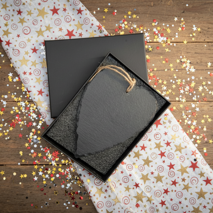 A slate gift box with a black lid and a small natural jute hanging loop, placed on top of a white gift bag printed with red and gold stars and swirls, on a rustic wooden surface with scattered confetti.