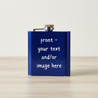 A blue square flask with a silver metal cap, featuring placeholder text on the front that reads 'front - your text and/or image here'.
