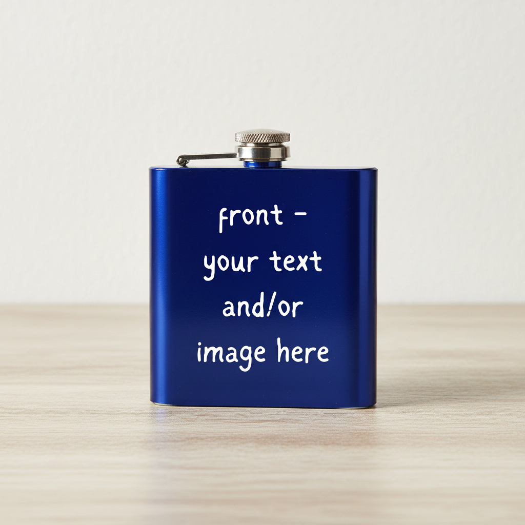 A blue square flask with a silver metal cap, featuring placeholder text on the front that reads 'front - your text and/or image here'.